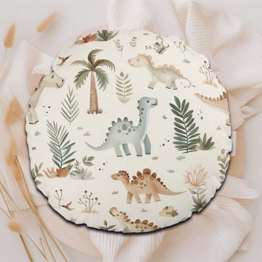 Whimsical Boho Jungle Dinosaur Muster Rundes Kissen