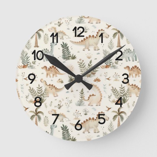 Whimsical Boho Jungle Dinosaur Pattern Kinderzimme Runde Wanduhr (Vorderseite)