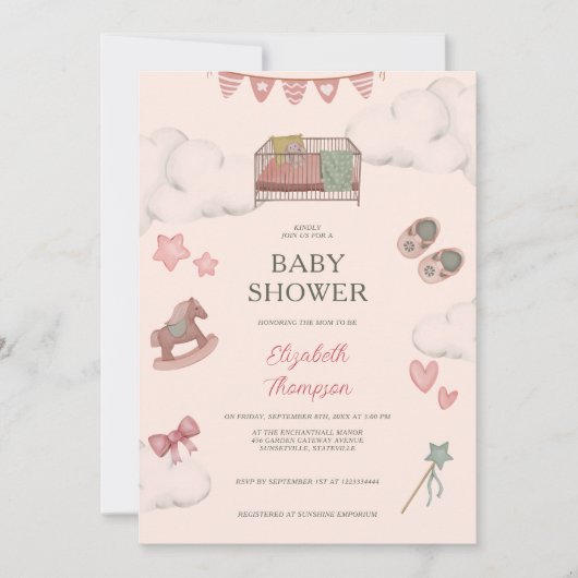 Whimsical Boho Kinderzimmer Bassinet Träume Pferd Einladung (Vorderseite)