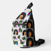Whimsical Boho Owl & Tropical Monstera Leaf Crossbody Bag (Rechte Ecke)