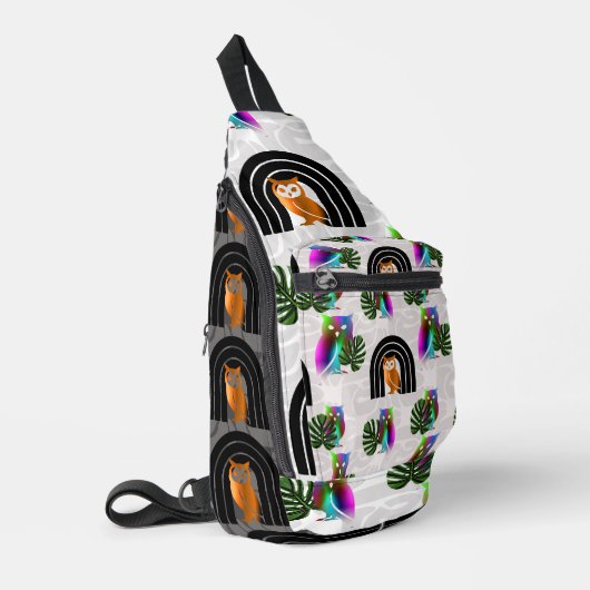 Whimsical Boho Owl & Tropical Monstera Leaf Crossbody Bag (Linke Seite)