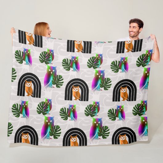 Whimsical Boho Owl & Tropical Monstera Leaf Fleecedecke (Beispiel)
