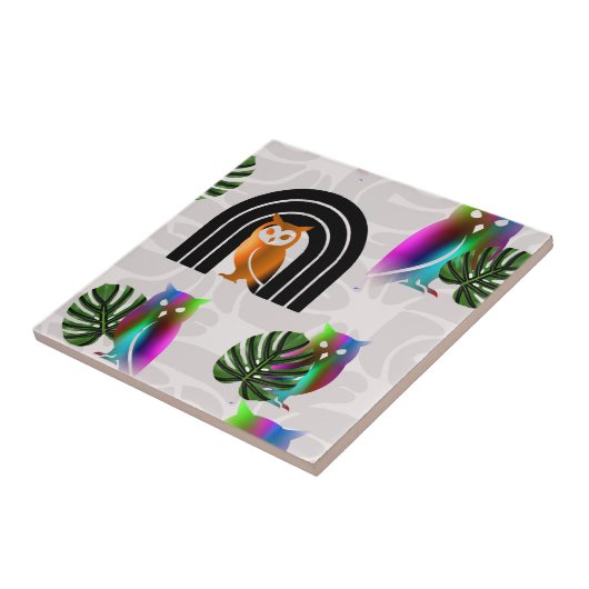Whimsical Boho Owl & Tropical Monstera Leaf Fliese (Seite)