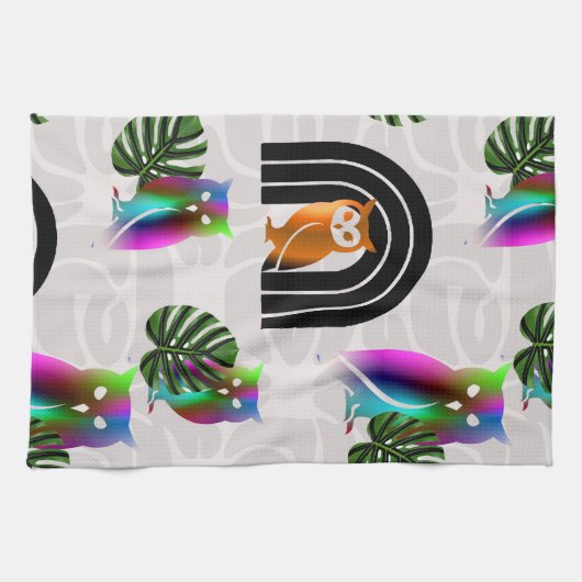 Whimsical Boho Owl & Tropical Monstera Leaf Geschirrtuch (Horizontal)