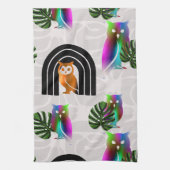 Whimsical Boho Owl & Tropical Monstera Leaf Geschirrtuch (Vertikal)