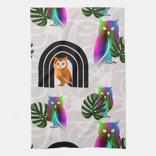 Whimsical Boho Owl & Tropical Monstera Leaf Geschirrtuch (Vertikal)