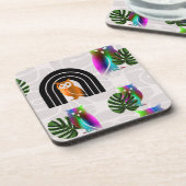 Whimsical Boho Owl & Tropical Monstera Leaf Getränkeuntersetzer (Linke Seite)