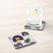 Whimsical Boho Owl & Tropical Monstera Leaf Getränkeuntersetzer (Rechte Seite)