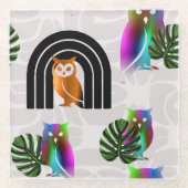 Whimsical Boho Owl & Tropical Monstera Leaf Glasuntersetzer (Vorderseite)