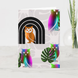 Whimsical Boho Owl & Tropical Monstera Leaf Karte
