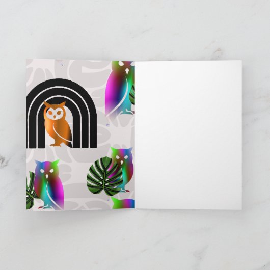 Whimsical Boho Owl & Tropical Monstera Leaf Karte (Innenseite)