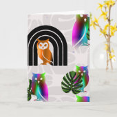 Whimsical Boho Owl & Tropical Monstera Leaf Karte (Gelbe Blume)