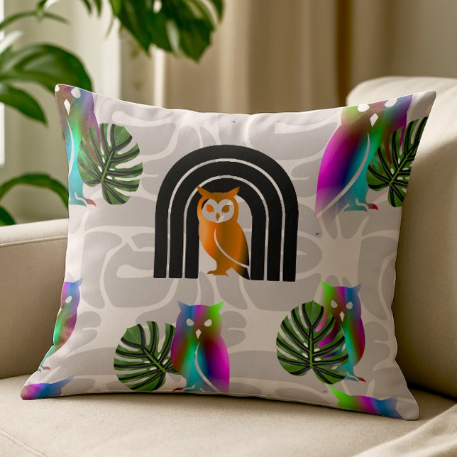 Whimsical Boho Owl & Tropical Monstera Leaf Kissen (Whimsical Boho Owl & Tropical Monstera Leaf | Throw Pillow)