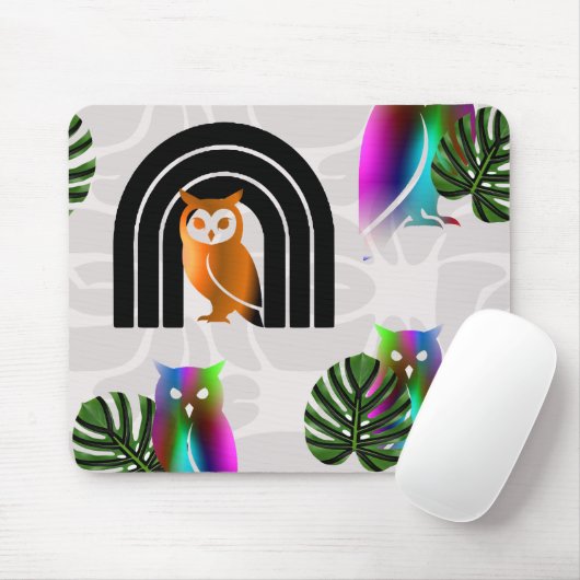 Whimsical Boho Owl & Tropical Monstera Leaf Mousepad (Mit Mouse)