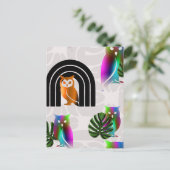 Whimsical Boho Owl & Tropical Monstera Leaf Postkarte (Stehend Vorderseite)