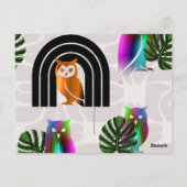 Whimsical Boho Owl & Tropical Monstera Leaf Postkarte (Rückseite)