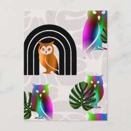 Whimsical Boho Owl & Tropical Monstera Leaf Postkarte