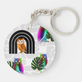 Whimsical Boho Owl & Tropical Monstera Leaf Schlüsselanhänger (Rückseite)