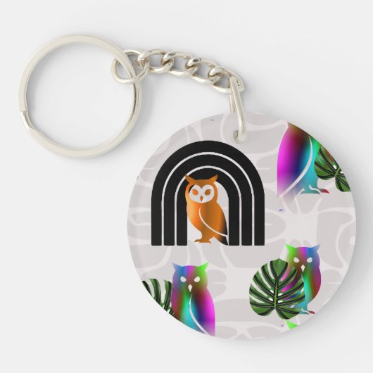 Whimsical Boho Owl & Tropical Monstera Leaf Schlüsselanhänger (Vorderseite)
