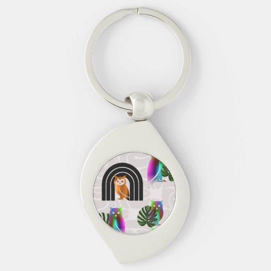 Whimsical Boho Owl & Tropical Monstera Leaf Schlüsselanhänger (Vorderseite)