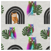 Whimsical Boho Owl & Tropical Monstera Leaf Stoff (Nahaufnahme)