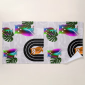 Whimsical Boho Owl & Tropical Monstera Leaf Strandtuch (Vorderseite)
