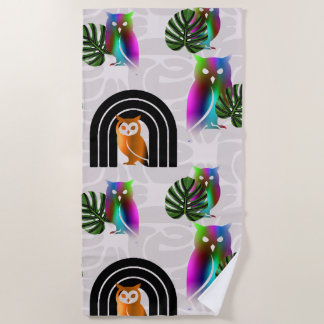 Whimsical Boho Owl & Tropical Monstera Leaf Strandtuch