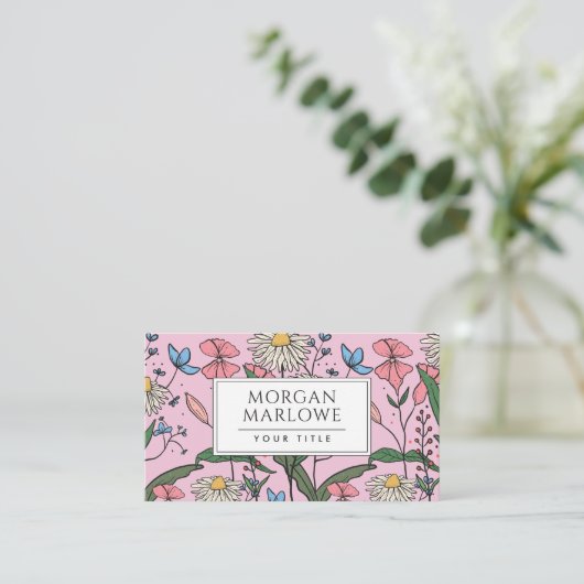 Whimsical Boho Painted Wildblumen Floral Pink Visitenkarte (Stehend Vorderseite)