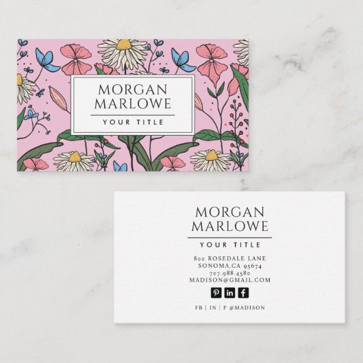 Whimsical Boho Painted Wildblumen Floral Pink Visitenkarte (Vorne/Hinten)