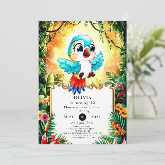 Whimsical Boho Parrot Birthday Einladung (Stehend Vorderseite)