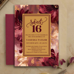 Whimsical Boho Sweet Sixteen Burgunder-Rosa Floral Einladung