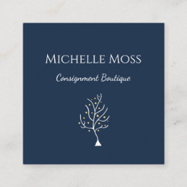 Whimsical Boho Tree Zeichnend Navy Blue Quadratische Visitenkarte