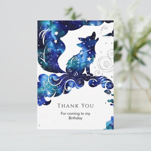 Whimsical Boho Wolf Birthday Dankeskarte (Stehend Vorderseite)