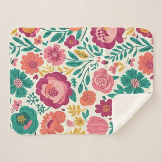 Whimsical Bold Blooms Retro Floral Pattern Sherpadecke (Vorderseite (Horizontal))