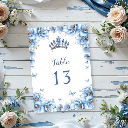 Whimsical Bold Floral Dusty Blue Quinceañera Tischnummer