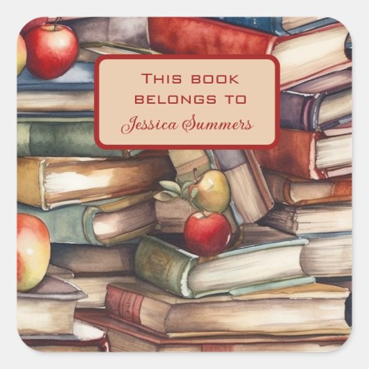 Whimsical Book and Apple Lovers Book Name Plate Quadratischer Aufkleber (Vorderseite)