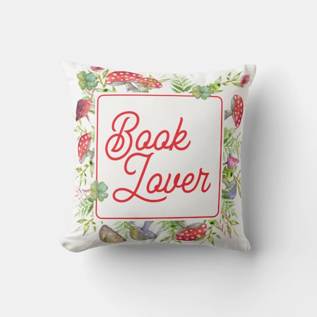 Whimsical Book Lover Mushroom Throw Pillow Kissen (Vorderseite)