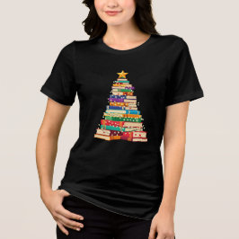 Whimsical Book Stack Christmas Tree Holiday Tri-Blend Shirt