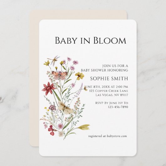 Whimsical Botanical Baby in Bloom Einladung (Vorne/Hinten)