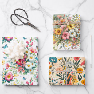Whimsical Botanical Blüte 3 Geschenkpapier Set