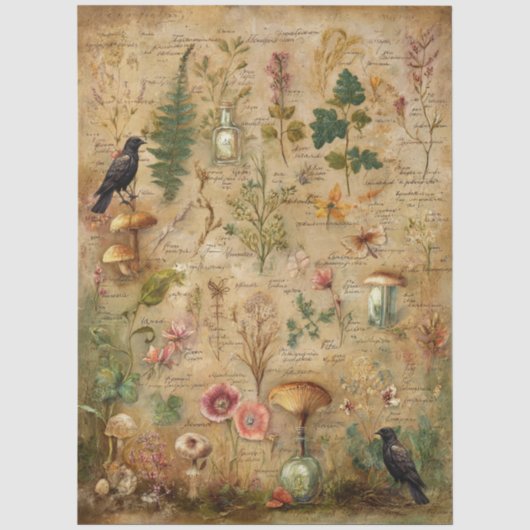 Whimsical Botanische Kunst Collage Decoupage Seidenpapier (Vorderseite)