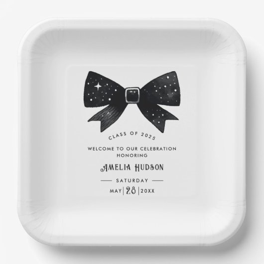 Whimsical Bow Black & White Graduation Party Pappteller (Vorderseite)