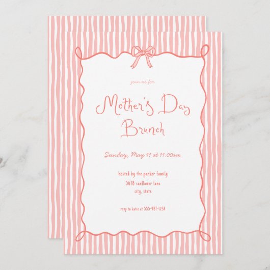 Whimsical Bow Coral Mother's Day Brunch Einladung (Vorne/Hinten)
