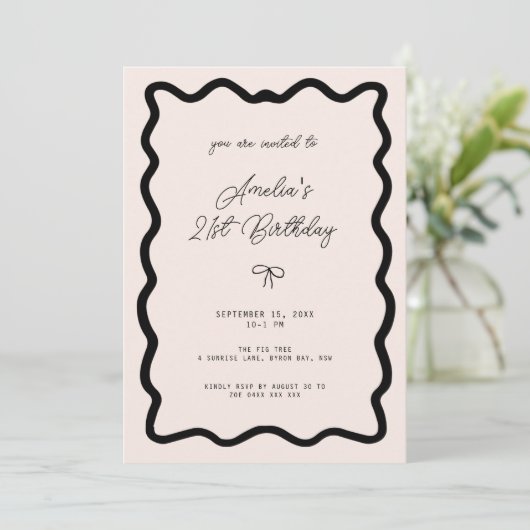 Whimsical Bow cursive border 21st birthday Einladung (Stehend Vorderseite)