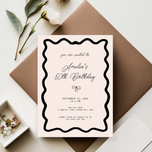 Whimsical Bow cursive border 50th birthday Einladung