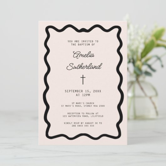 Whimsical Bow cursive border baptism Einladung (Stehend Vorderseite)