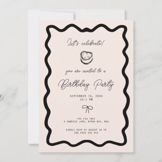 Whimsical Bow cursive border cake birthday Einladung (Vorderseite)