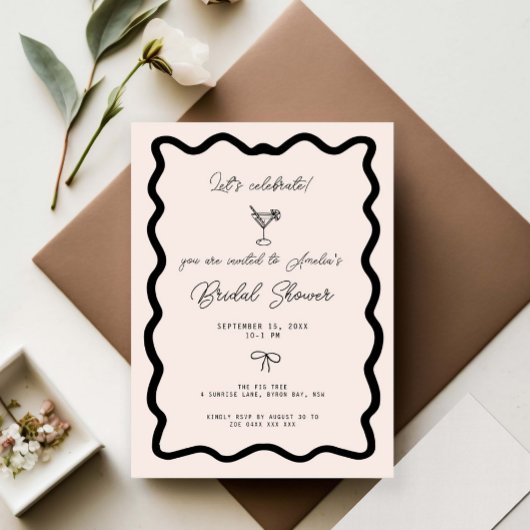 Whimsical Bow cursive border martini bridal shower Einladung