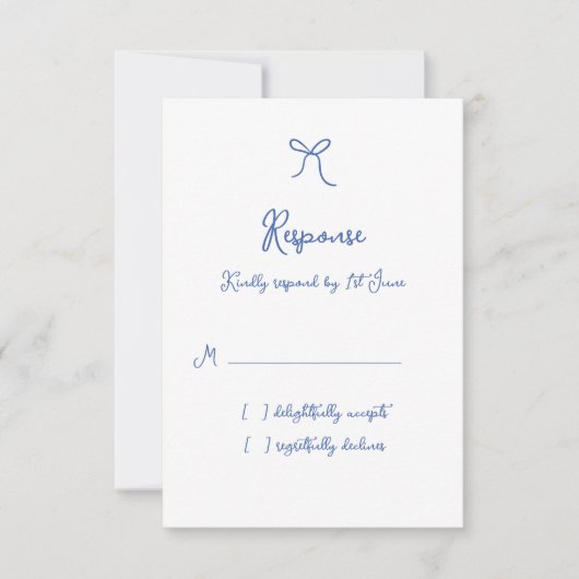 Whimsical Bow French Blue Wedding RSVP Karte (Vorderseite)