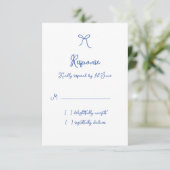 Whimsical Bow French Blue Wedding RSVP Karte (Stehend Vorderseite)